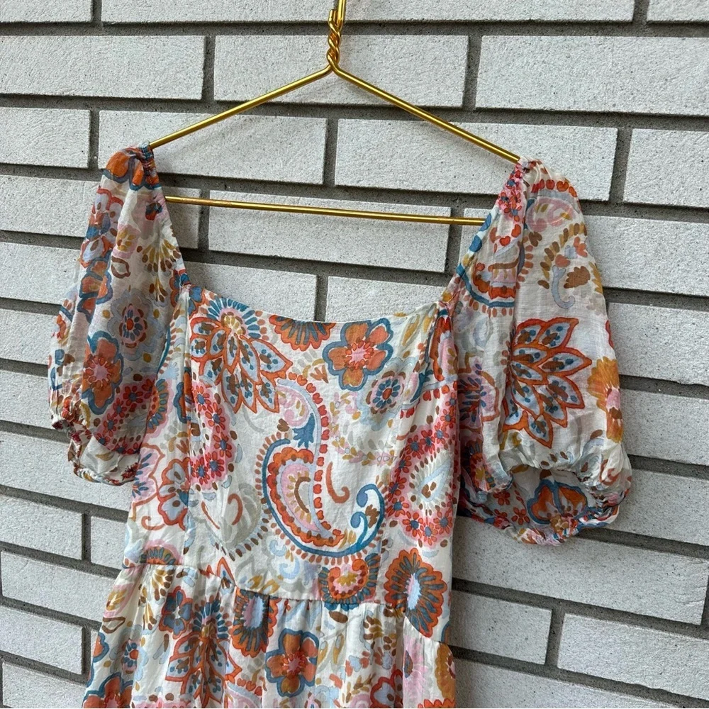 1. STATE Puff Sleeve Gauzy Boho Paisley Floral Tiered Mini Dress Tie Back L